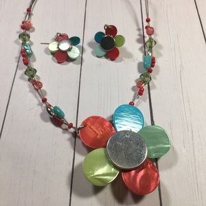 Flower strand beaded necklace and earring set